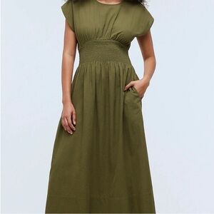 Madewell Smocked Waist Midi Dress, Olive Green